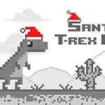 En pixel-art T-Rex med en rød julemandskasket ved siden af teksten Santa T-Rex Run i et ørkenlandskab