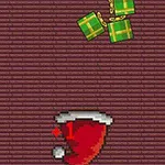 Rødt pixelgrafikbillede med en julemandskasket og flyvende grønne gaver på en brun stribet baggrund
