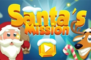 Julemanden og et rensdyr med en slikstok ses ved siden af teksten Santas Mission med en sneklædt play-knap