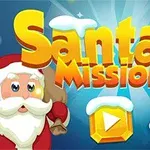 Julemanden og et rensdyr med en slikstok ses ved siden af teksten Santas Mission med en sneklædt play-knap