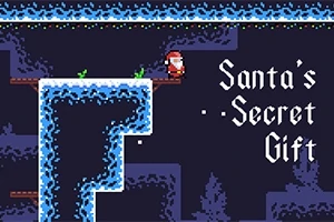 Julemanden står på en platform i et sneklædt pixel-landskab, ledsaget af teksten Santas Secret Gift