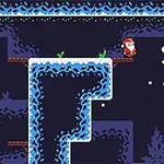 Julemanden står på en platform i et sneklædt pixel-landskab, ledsaget af teksten Santas Secret Gift