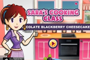 Tegneseriefigur står i køkken ved siden af teksten Saras Cooking Class og en play-knap