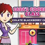 Tegneseriefigur står i køkken ved siden af teksten Saras Cooking Class og en play-knap