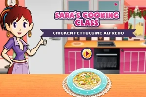 Tegneseriefigur i et køkken med en tallerken pasta ved siden af en spilleknap
