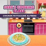 Tegneseriefigur i et køkken med en tallerken pasta ved siden af en spilleknap
