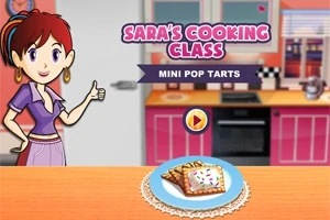 Tegnet pige i køkken omgivet af køkkenudstyr med en tallerken mini pop tarts på bordet