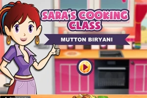 Tegneseriefigur i et køkken med teksten Saras Cooking Class og Mutton Biryani i forgrunden