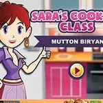Tegneseriefigur i et køkken med teksten Saras Cooking Class og Mutton Biryani i forgrunden