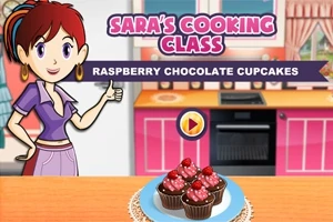 Tegneseriefigur i køkken omgivet af farverige skabe med en tallerken raspberry chokolade cupcakes foran