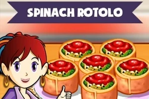 En tegneseriefigur viser tommelfingeren opad ved siden af seks stykker spinat rotolo med tomat på toppen