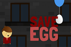 Tegnet person ved siden af teksten SAVE EGG med en ballon og et æg i forgrunden
