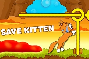 En kat med en blå halsbånd forsøger at bevæge sig forbi en låsemekanisme i et tegneseriemiljø med teksten SAVE KITTEN