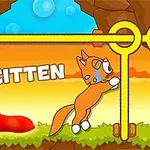 En kat med en blå halsbånd forsøger at bevæge sig forbi en låsemekanisme i et tegneseriemiljø med teksten SAVE KITTEN