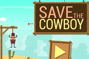 En tegneserie-cowboy hænger fra galgen ved siden af et stort skilt med teksten SAVE THE COWBOY og en playknap