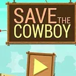 En tegneserie-cowboy hænger fra galgen ved siden af et stort skilt med teksten SAVE THE COWBOY og en playknap