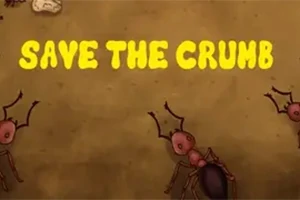 Tekst SAVE THE CRUMB i gule bogstaver over et billede af myrer på en brun baggrund