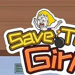 Tegneserieillustration af en forskrækket pige og teksten Save The Girl med en bombe som dekoration