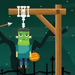 En grøn monsterfigur hænger fra en galge med en græskarlygte ved siden af, og en pil flyver mod galgen, alt imens træer skitserer en mørk nattehimmel i baggrunden