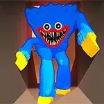 En blå, lodden figur med skarpe tænder og store runde øjne i en lys passage