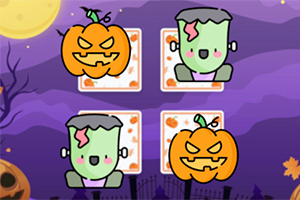 Tegning af to græskarmasker og to Frankenstein-motiver i et halloween-tema med lilla baggrund og måne