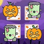 Tegning af to græskarmasker og to Frankenstein-motiver i et halloween-tema med lilla baggrund og måne