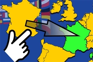 Kort med en hånd, der peger på et gult område, en pil peger mod et grønt område, omkranset af flag