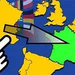 Kort med en hånd, der peger på et gult område, en pil peger mod et grønt område, omkranset af flag