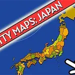 Kort over Japan med farvede regioner og en håndmarkør på en blå baggrund