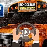 En illustration af en skolebus ved siden af et parkeringsskilt med en persons hænder på et rat og en play-knap i midten