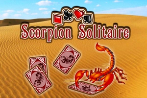En ørken med en skorpion ved siden af kort og teksten Scorpion Solitaire øverst