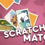 Illustration af dyr på farverige kort med teksten Scratch & Match på en rosa baggrund med hjerter
