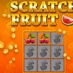 En farverig illustration med gyldne bogstaver, der siger Scratch Fruit, en vandmelon illustration og et gitter med skrabelodsimager samt kirsebær