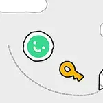 Grøn smiley, gul nøgle og blyantstegning med skyer på grå baggrund