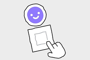 En tegnet hånd, der peger mod en firkantet knap, med et lilla smiley-ansigt ovenfor
