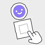 En tegnet hånd, der peger mod en firkantet knap, med et lilla smiley-ansigt ovenfor