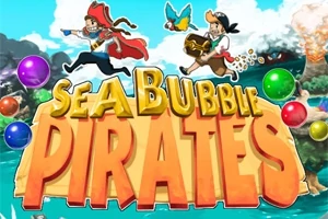 To pirater med et papegøje og en skattekiste springer over en stor, gul Sea Bubble Pirates-titel omgivet af farverige bobler og et havlandskab i baggrunden