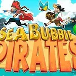To pirater med et papegøje og en skattekiste springer over en stor, gul Sea Bubble Pirates-titel omgivet af farverige bobler og et havlandskab i baggrunden