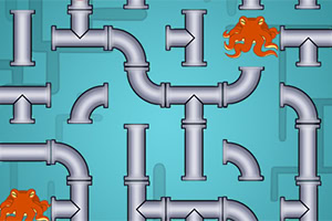 En illustration med et labyrintisk netværk af sølvgrå rør og orange blæksprutter mod en blå baggrund