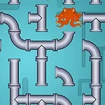 En illustration med et labyrintisk netværk af sølvgrå rør og orange blæksprutter mod en blå baggrund