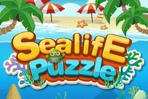 Tropisk strandtema med palmer, parasoller, stjerner og teksten Sealife Puzzle