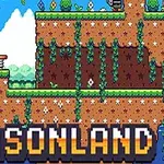 Pixelkunstlandskab med platforme dækket af græs og vinstokke og teksten SEASONLAND i bunden