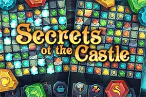 Farverigt puslespil med juveler og teksten Secrets of the Castle foran et mørkt slotstema