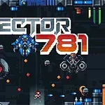 Pixelkunst med rumtema viser robotter og farverige lysdioder med teksten Sector 781 i midten