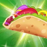 Taco med fyld af kød, salat, tomat, løg og peber på en grøn baggrund med lysstråler