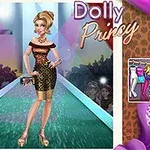 En animeret figur i en elegant kjole står på en catwalk, omgivet af farverige lyseffekter og modetilbehør