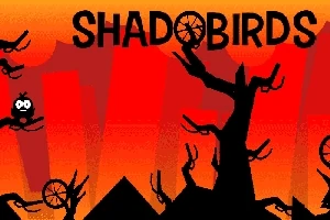Skyggeagtige fugle og træer mod en rød-orange baggrund med teksten SHADOBIRDS øverst
