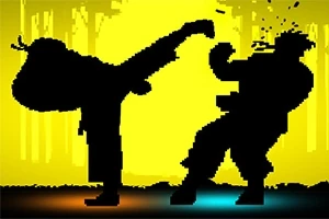 Silhouetter af to figurer, hvor den ene sparker den anden, mod en gul baggrund