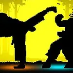 Silhouetter af to figurer, hvor den ene sparker den anden, mod en gul baggrund