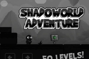Skyggeagtig scene med en karakter ved en pil og teksten Shadoworld Adventure i mørke nuancer